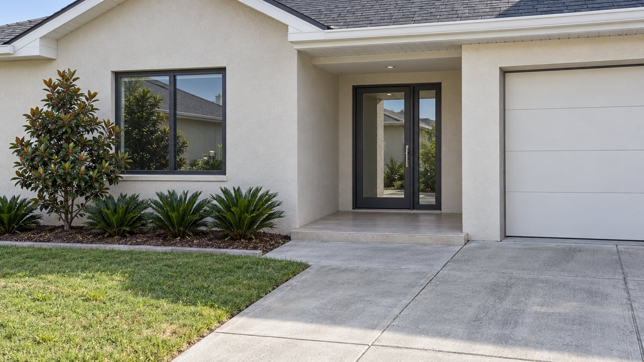 Light stucco home with a recessed glass entry, charcoal roof, concrete approach and a small magnolia beside a neatly edged lawn.