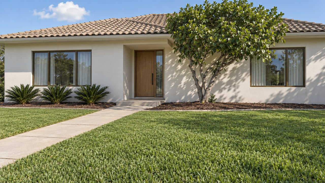 Updated single-story stucco home with a tiled roof, deep green front lawn, curved concrete approach and a glossy-leaved specimen tree beside the entrance.