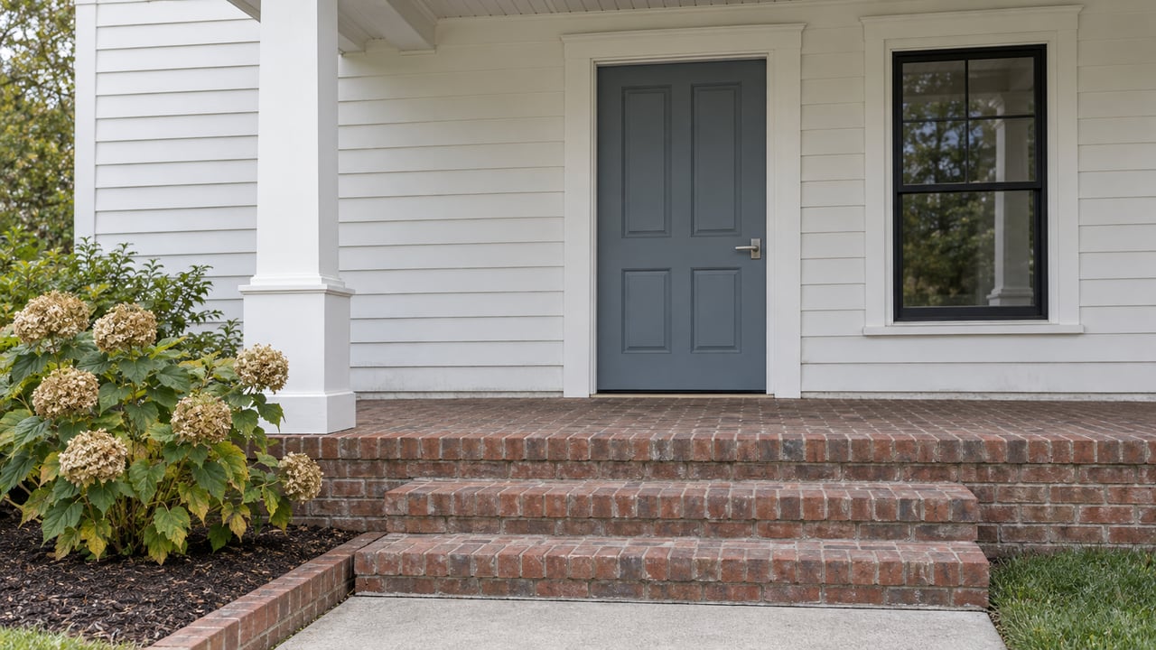 White clapboard home entrance with a blue-gray door, black-framed window, weathered brick steps, and autumn hydrangea.
