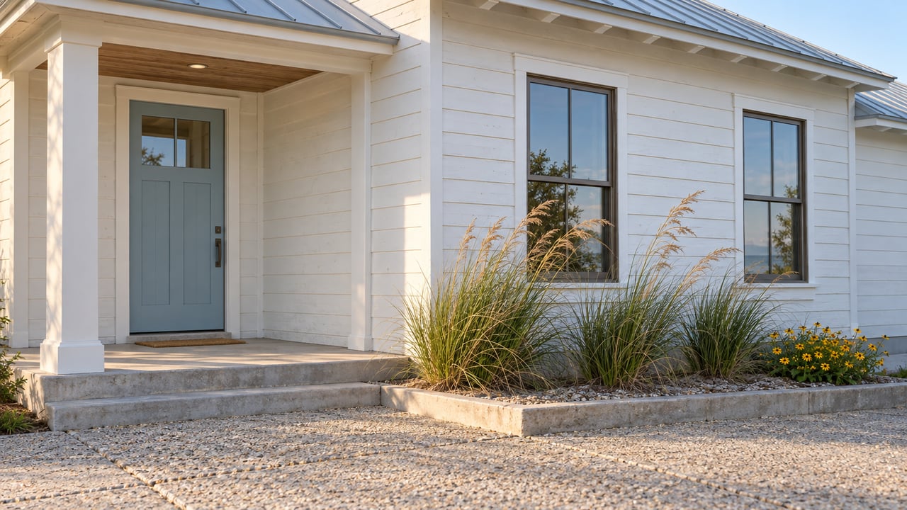 Coastal cottage with pale-blue entry door, two bronze-framed windows, and grasses in a raised planting bed.