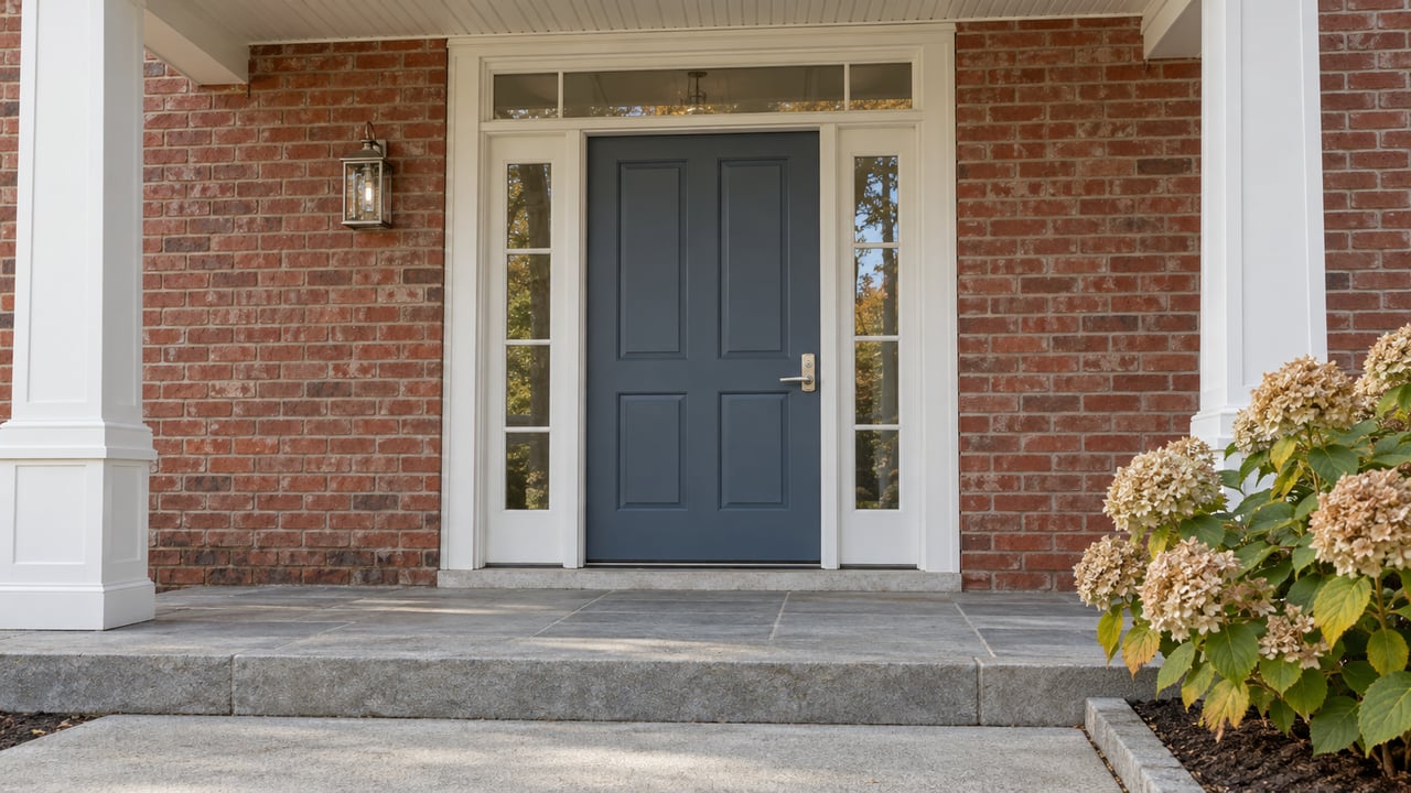 Covered brick home entrance with a blue-gray door, white trim, limestone steps and one hydrangea with autumn flowerheads.
