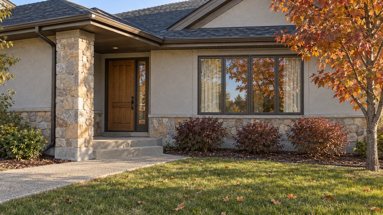 Autumn maple beside a stone-and-stucco home's covered entry, with a concrete approach through the front lawn.