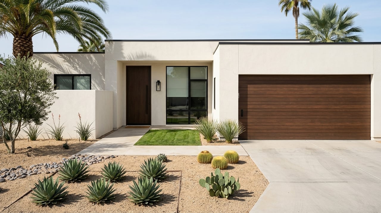 Contemporary stucco home with a deep driveway, desert landscaping, and palms.