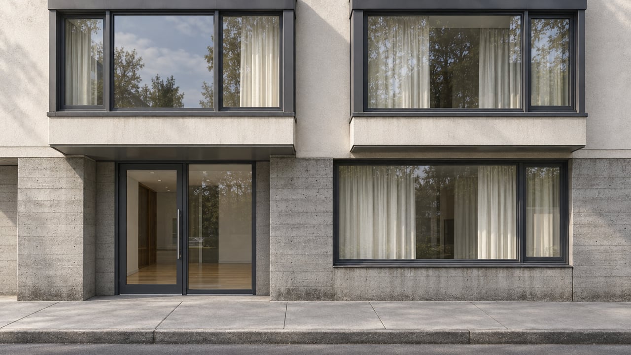 Contemporary condominium facade with projecting charcoal-framed windows, warm stucco, concrete piers, and a recessed glass entrance.