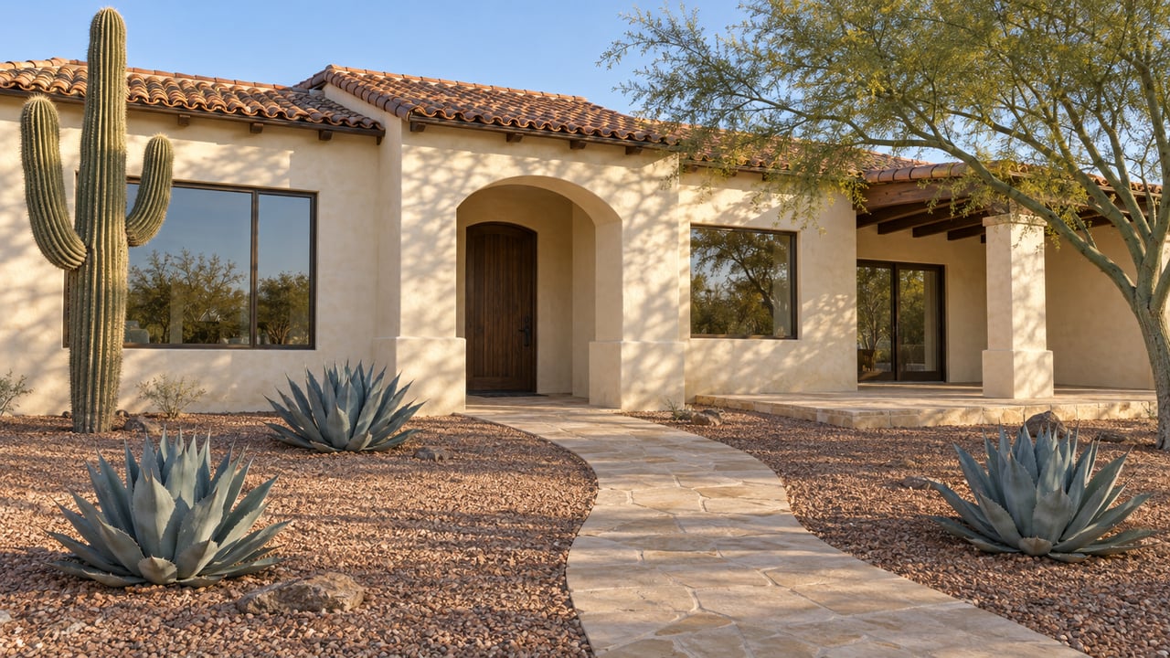 Cream stucco home with clay tile roof, shaded arched entry and a deep gravel garden planted with a saguaro, blue palo verde and three agaves.