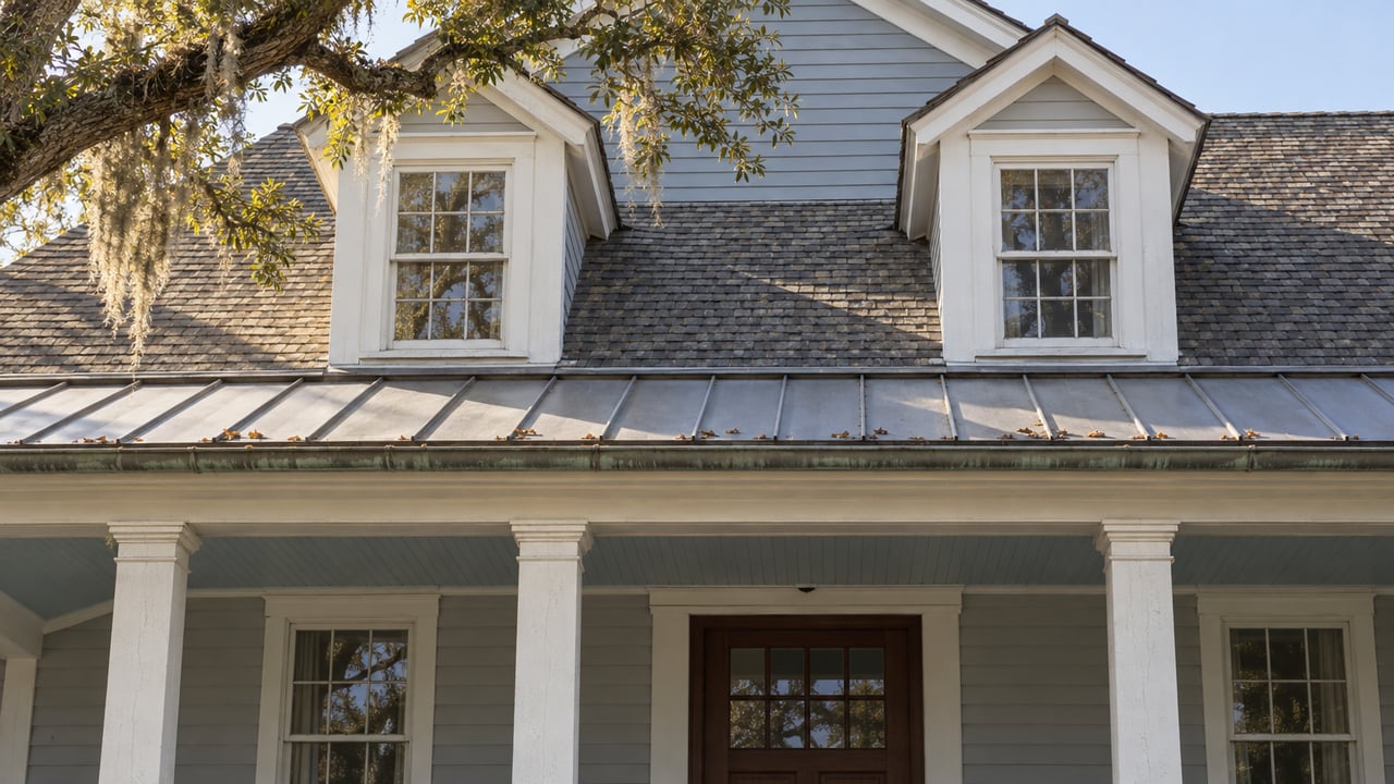 Gray-blue clapboard home with white-trimmed dormers and a deep metal-roofed porch beneath a live-oak branch.