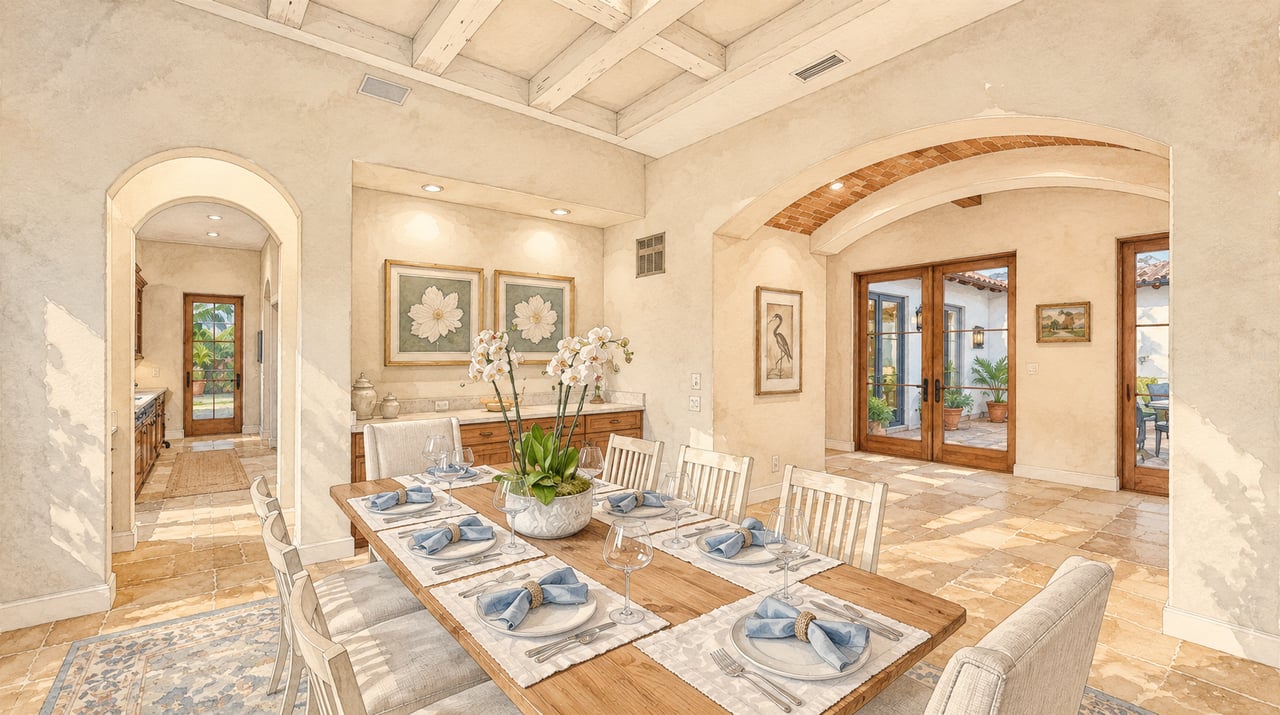 Dining room with a set wooden table, arched openings, exposed beams, and courtyard doors.