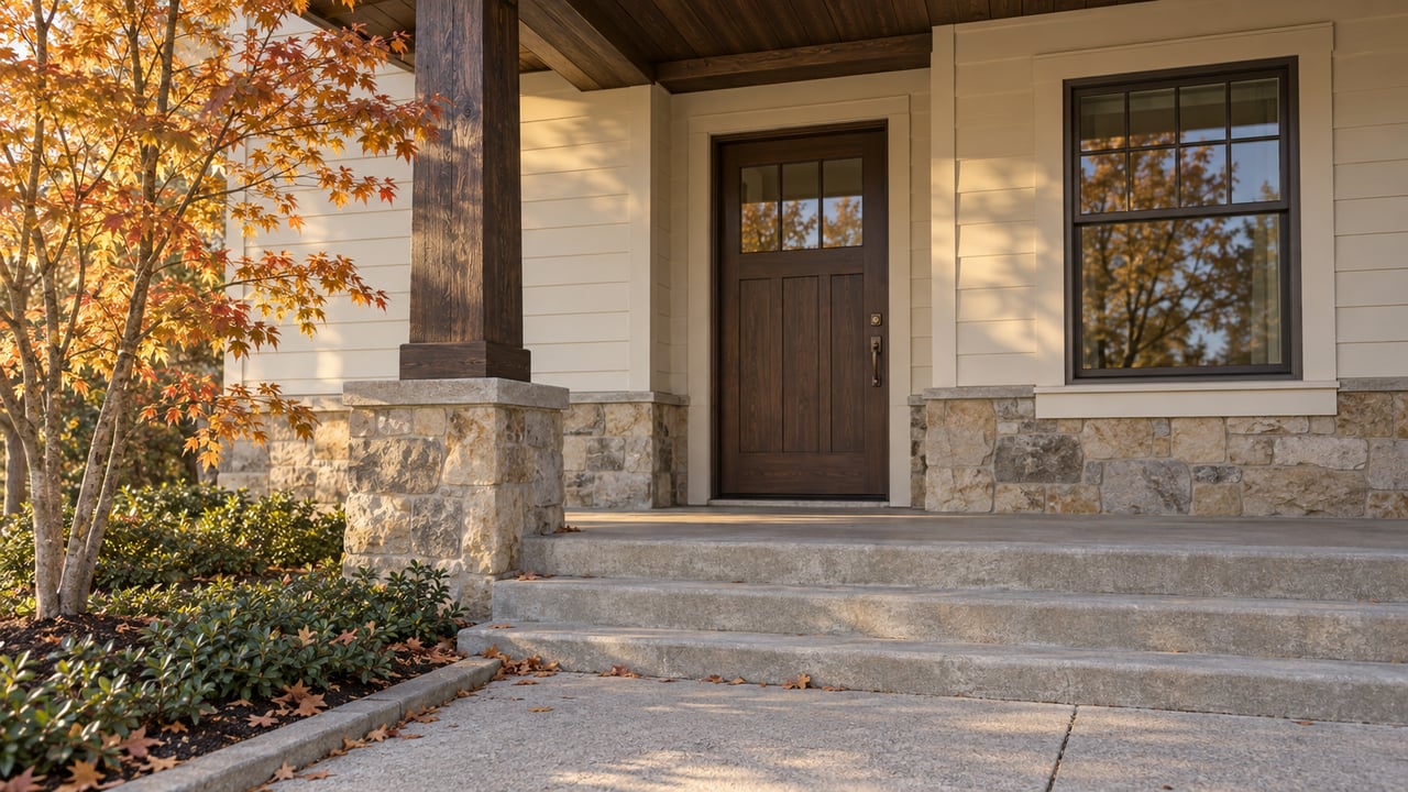 Cream-sided porch with a dark wood door, stone base, concrete steps, and an autumn maple at left.