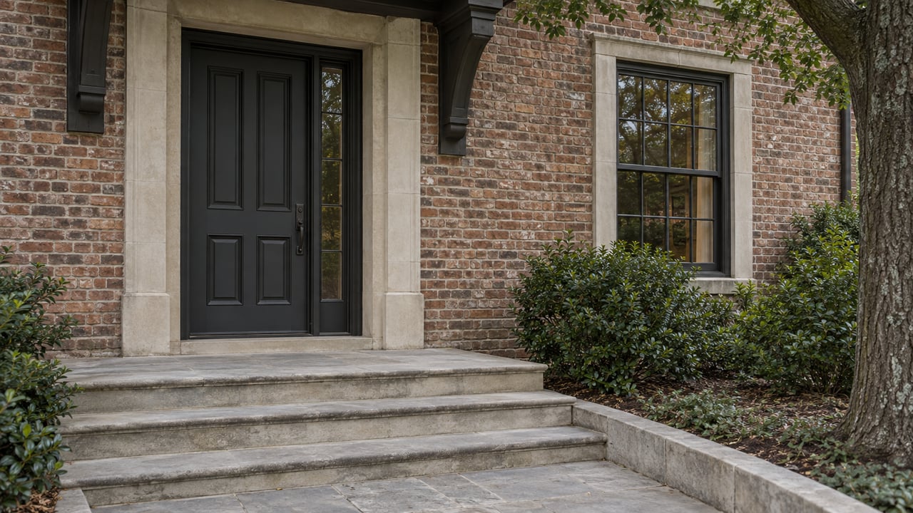 Brick house entry with charcoal door, glazed sidelight, limestone steps, and shrubs beside a mature oak.