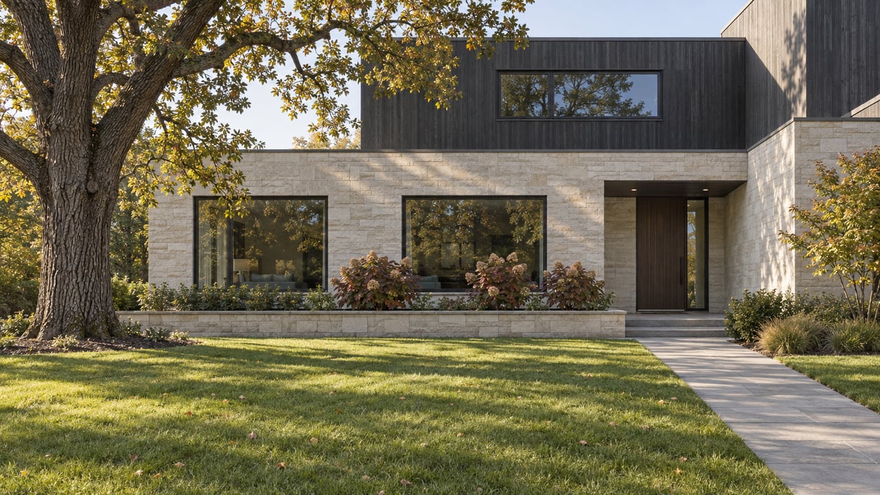 Modern stone-and-wood home with a broad lawn, mature tree, and walkway.