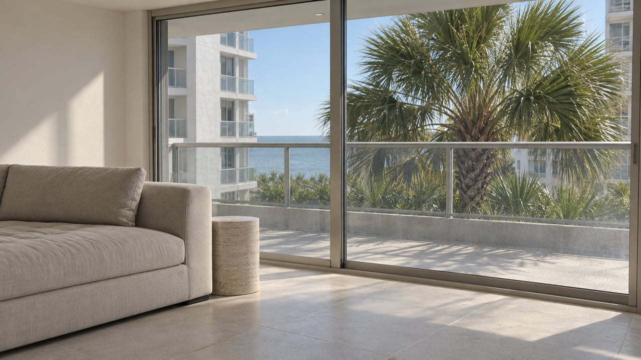 Condominium living room with a linen sofa and palm-framed balcony view through sliding glass doors.