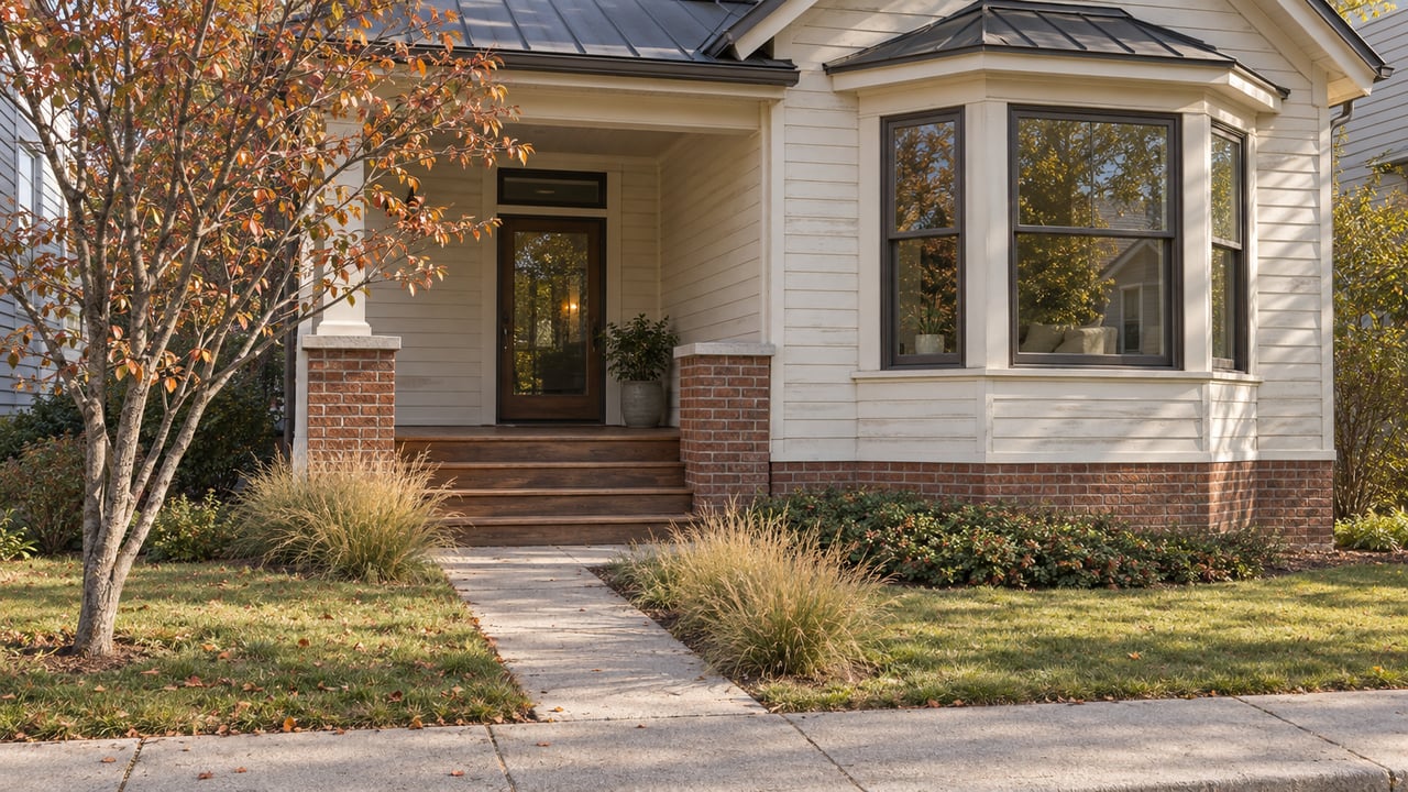 Renovated ivory bungalow with a recessed porch, brick piers, bay windows, and a small planted front yard.