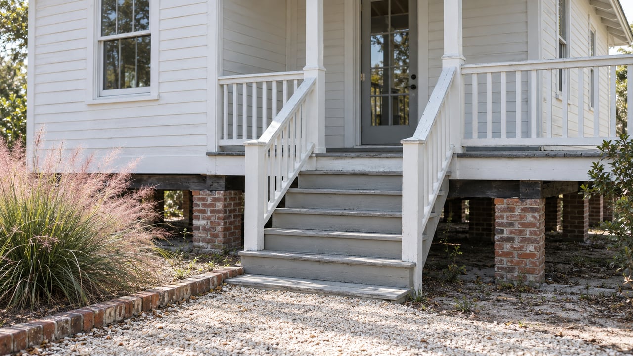 Raised timber cottage with a glazed entry, wooden stairs, and exposed brick pier foundation.