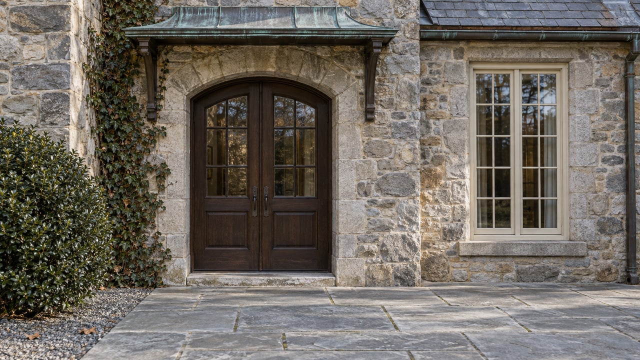 Weathered stone home entrance with paired glazed oak doors, a copper canopy, limestone paving and a clipped American holly.