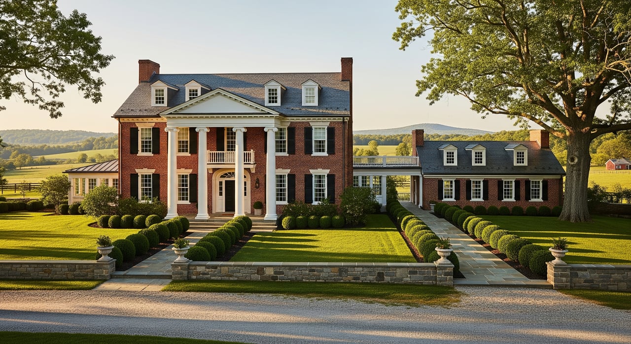 Red-brick Georgian mansion with white columns, clipped hedges, and a tree-lined stone path.