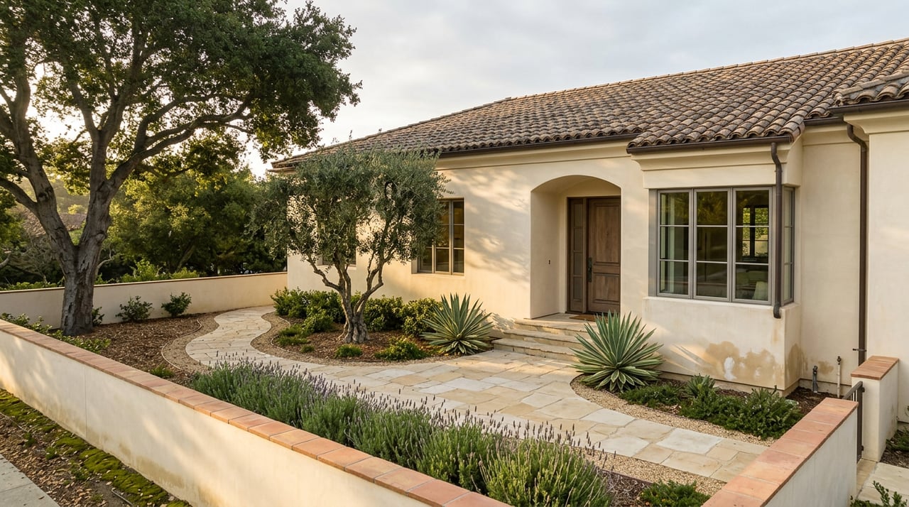 Cream stucco estate with an arched walnut door, limestone path, agaves, and mature oak and olive trees.