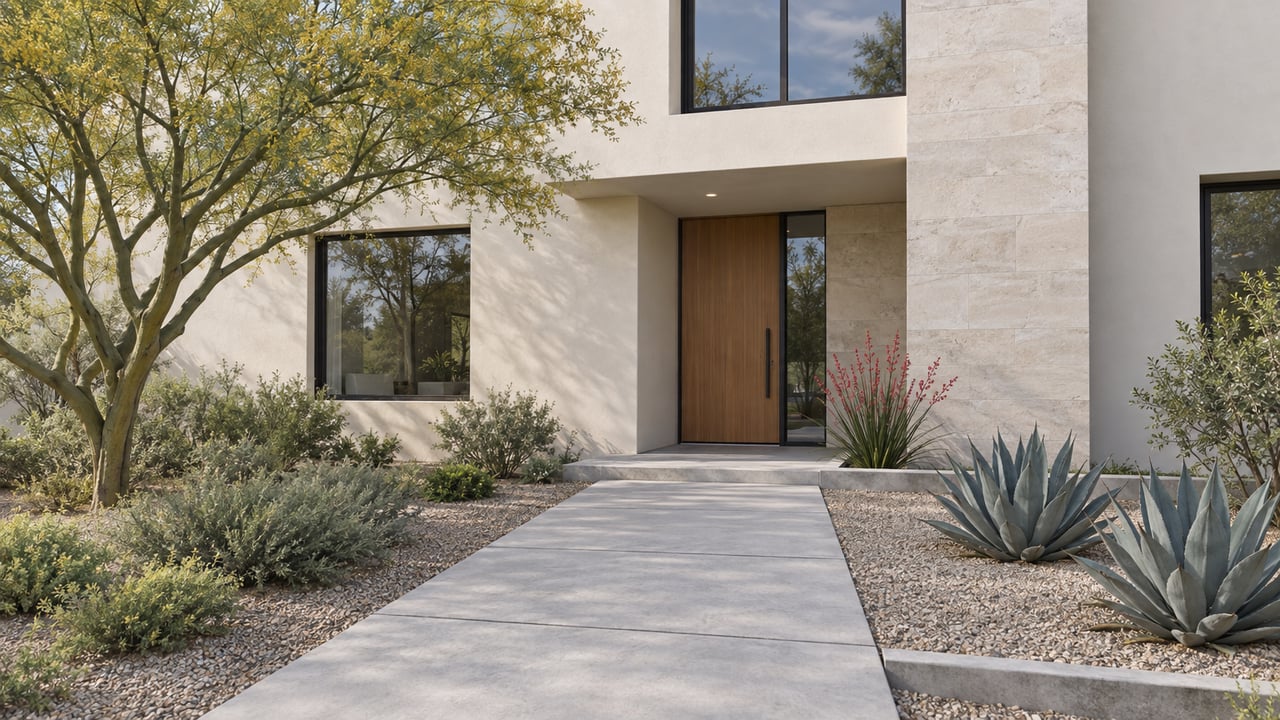 Contemporary stucco home with recessed oak entry, limestone panel, and concrete walk through gravel landscaping.