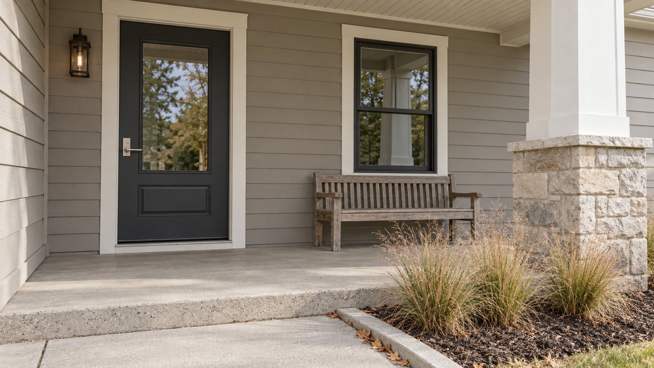 Covered front porch with gray siding, a dark glazed entry door, an oak bench and tawny prairie dropseed beside concrete steps.
