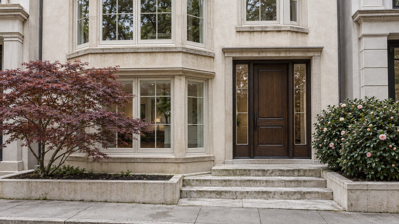 Ivory stucco urban house with a projecting bay window, recessed oak entry, and small planted beds.