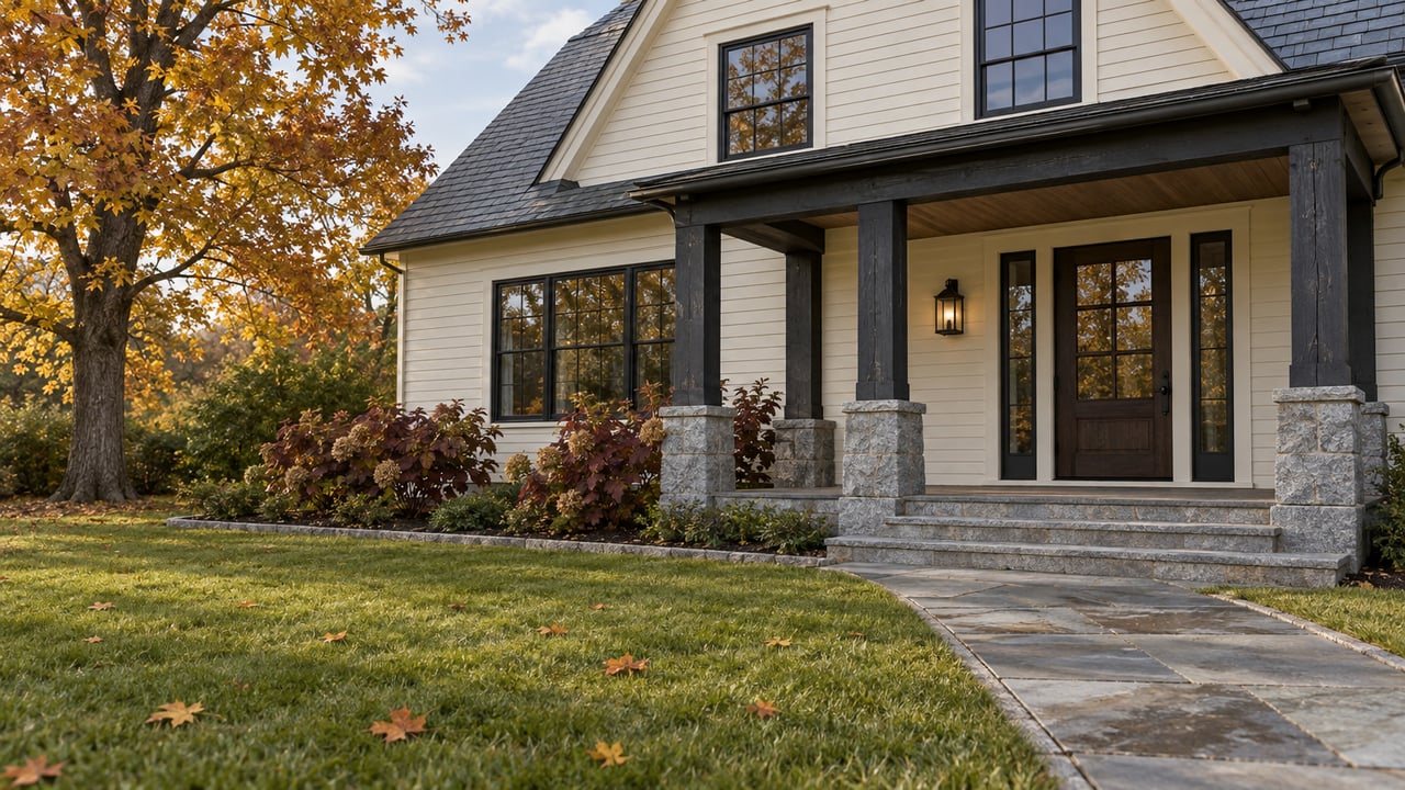 Ivory clapboard home with charcoal porch framing, a bluestone approach and a broad autumn lawn beneath a sugar maple.