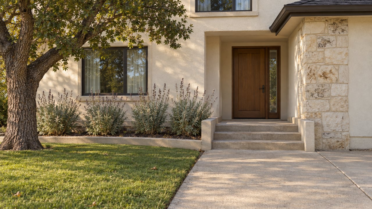 Sunlit stucco home entry with sandstone pier, concrete steps, an established oak and a neatly edged lawn.