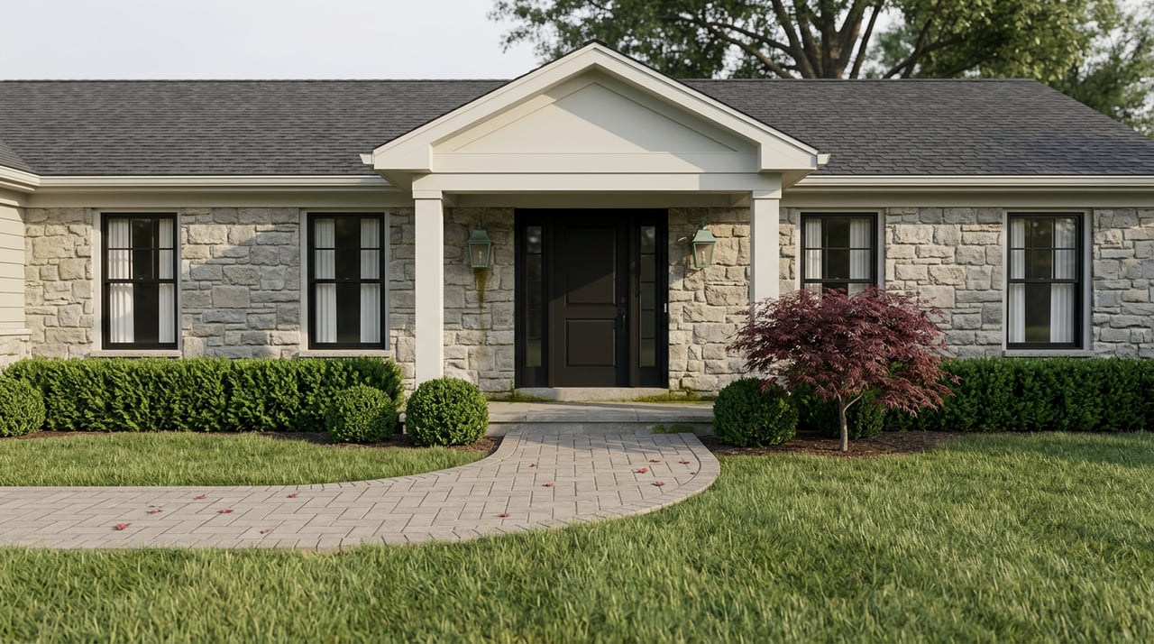 Two-story greige home with a stone facade, black front door, curved paver walkway, and burgundy Japanese maple.