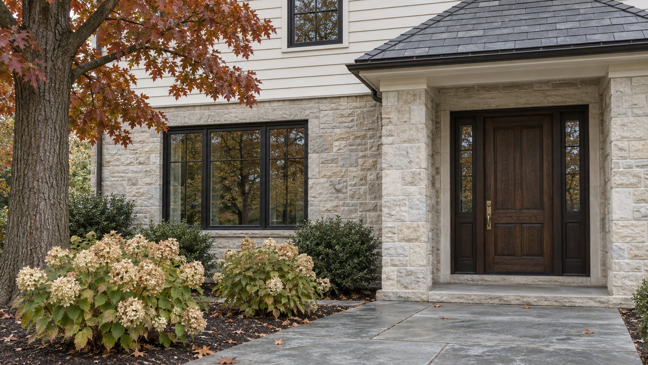 Detached two-story home with a recessed oak door, limestone facade, bluestone steps, and russet oak canopy.