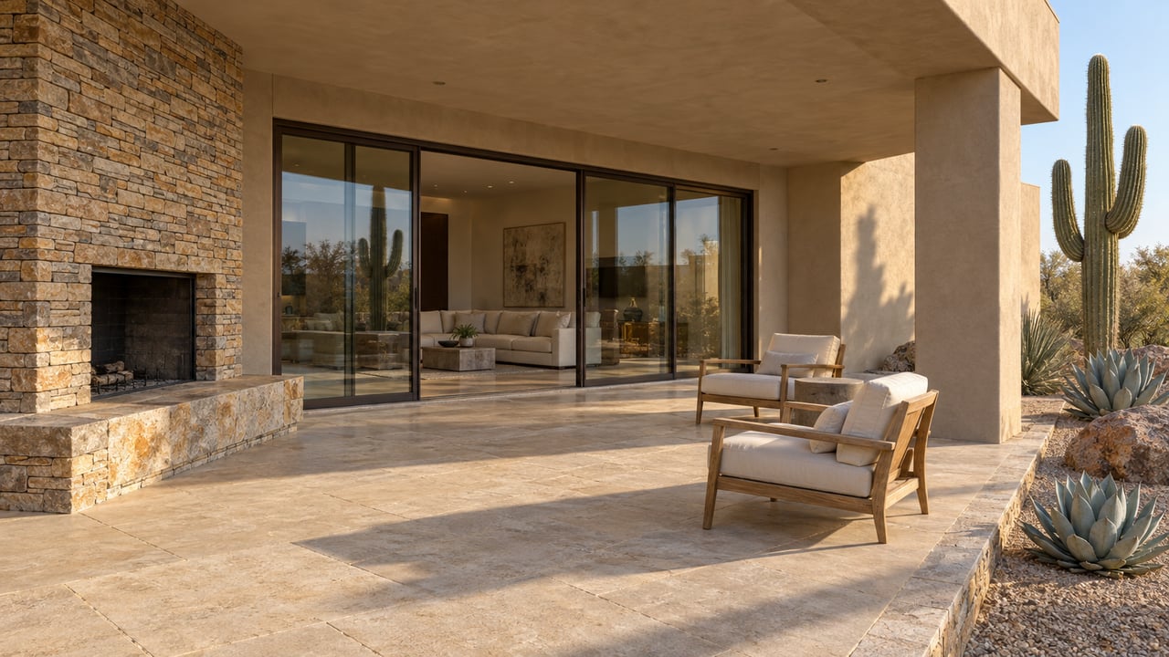 Broad limestone terrace with teak lounge chairs, sand-colored stucco, a stacked-stone fireplace and closed glass doors beside sculptural desert planting.