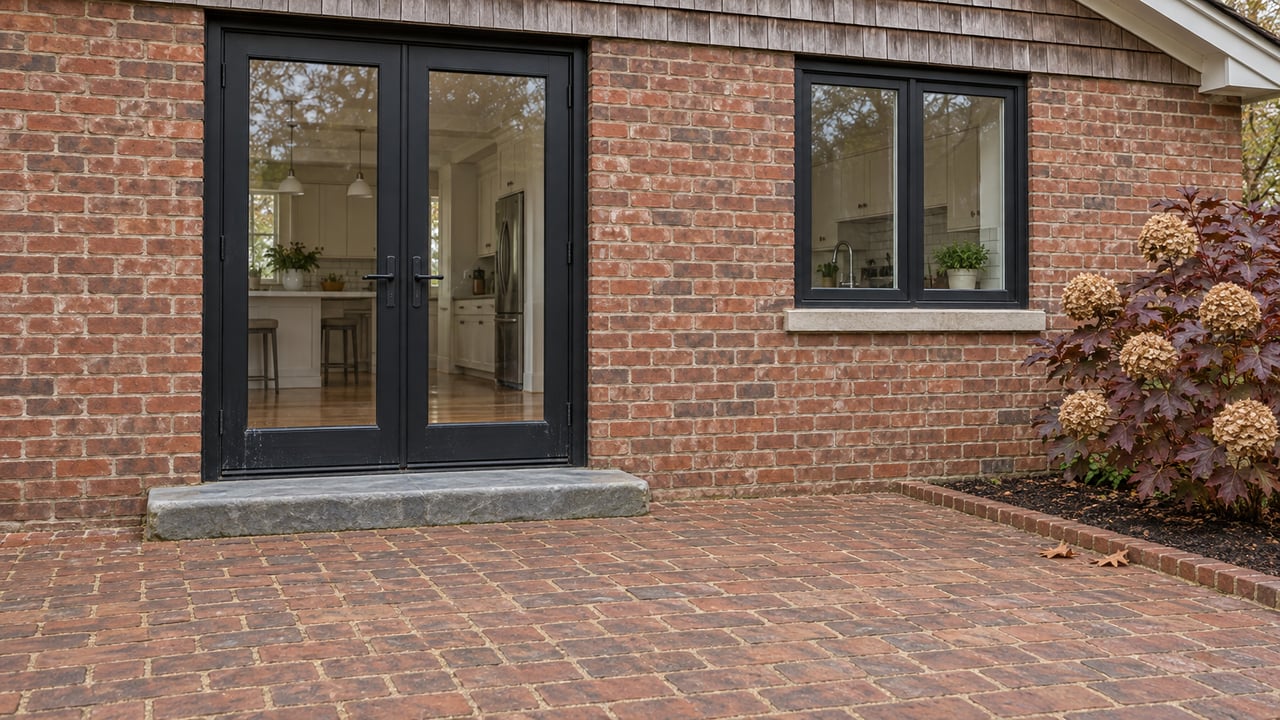 A weathered brick patio leads to black-framed glass doors in a red-brick home, beside an oakleaf hydrangea with autumn foliage.