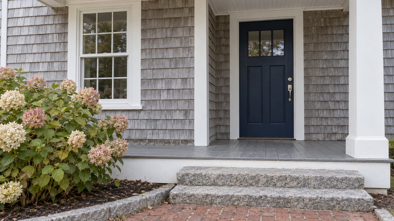 Weathered cedar-shingle entry with white sash window, navy door, granite steps and a flowering hydrangea beside a brick walk.
