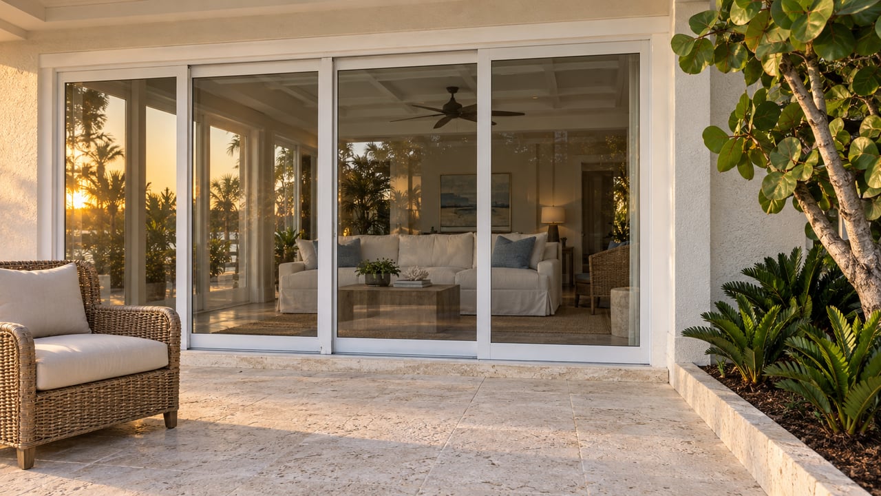 Sunset light on a white-stucco home's covered limestone terrace, closed sliding glass doors, a woven chair and sculptural sea grape planting.