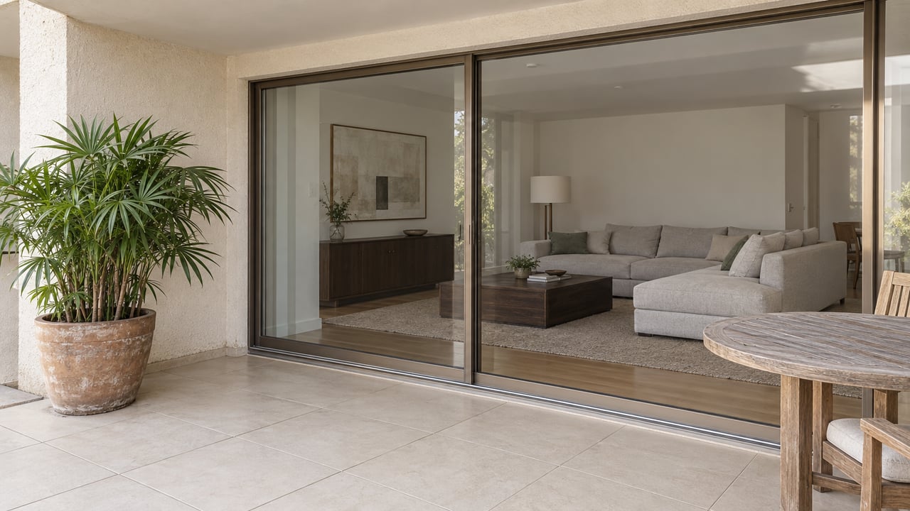 Covered condominium terrace with ivory paving, a potted lady palm, a teak table, and closed glass doors opening visually onto a pale-gray living room.
