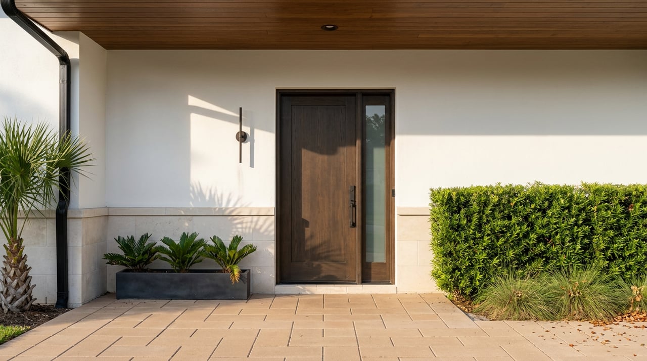 Dark-stained oak entry door with a glass sidelight, set in white stucco and limestone beneath a wood soffit.