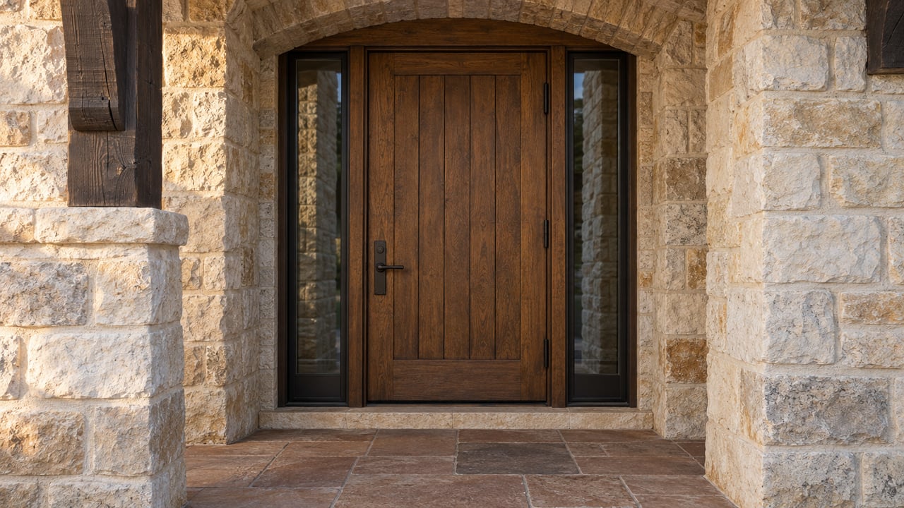 Morning light grazes a rough-cut cream stone arch surrounding an oak front door with bronze-framed sidelights and a worn clay-paver landing.