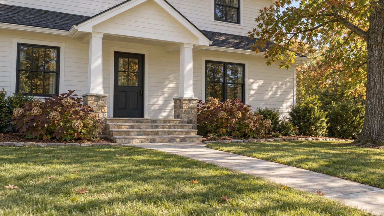 White clapboard home with dark windows, a stone porch and an autumn oak shading the front lawn.