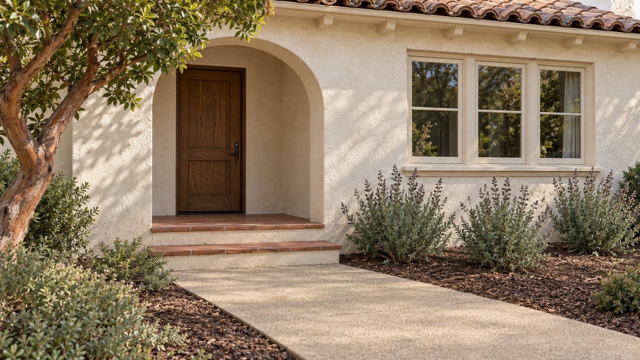 An ivory stucco home with an arched porch, weathered clay roof tiles, terracotta steps and a planted front approach.