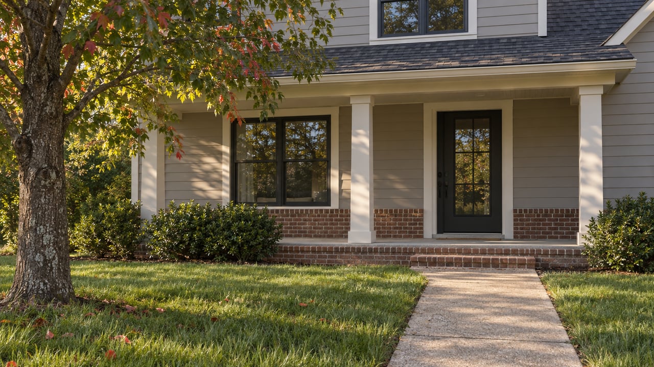 Two-story gray-sided home with a covered entry, brick steps, and a broad lawn beneath a green-and-crimson tree.
