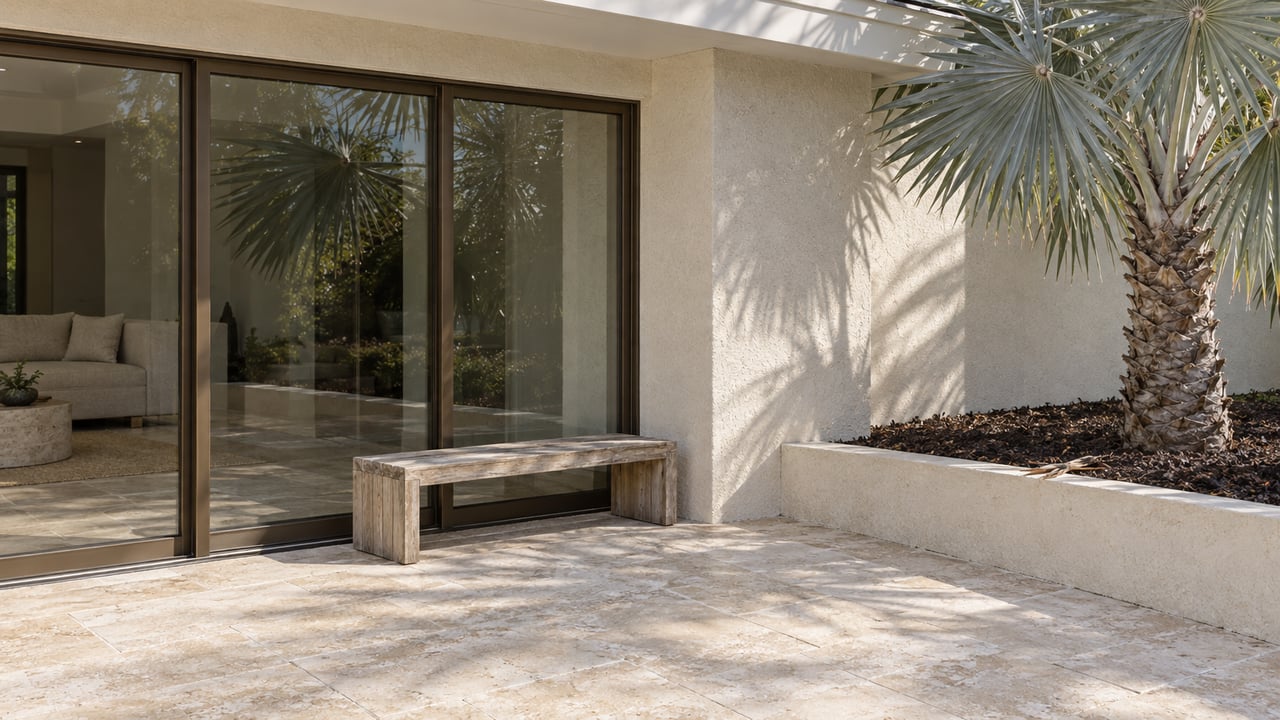 Cream stucco and bronze-framed glazing beside a limestone patio, teak bench, and silver palm in a raised planting bed.