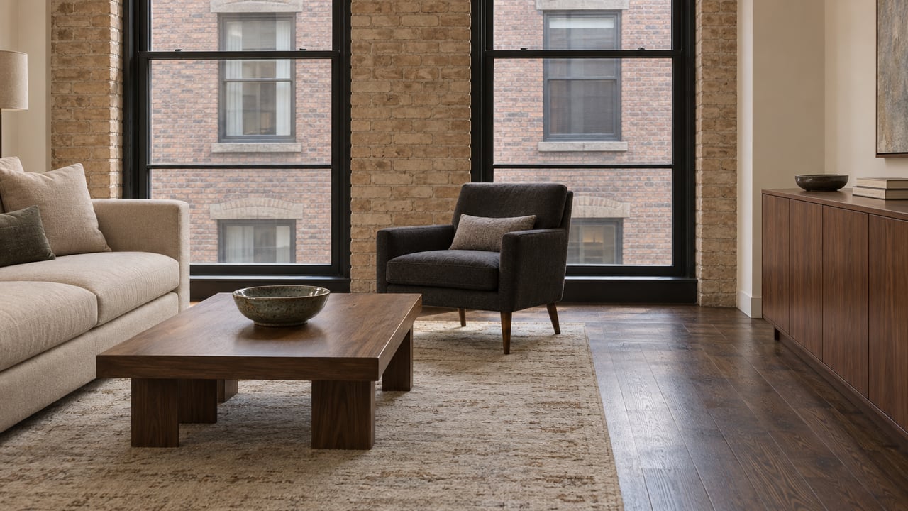 Converted masonry apartment with tall black steel windows, a brick pier, walnut furniture, and a close red-brick building beyond.