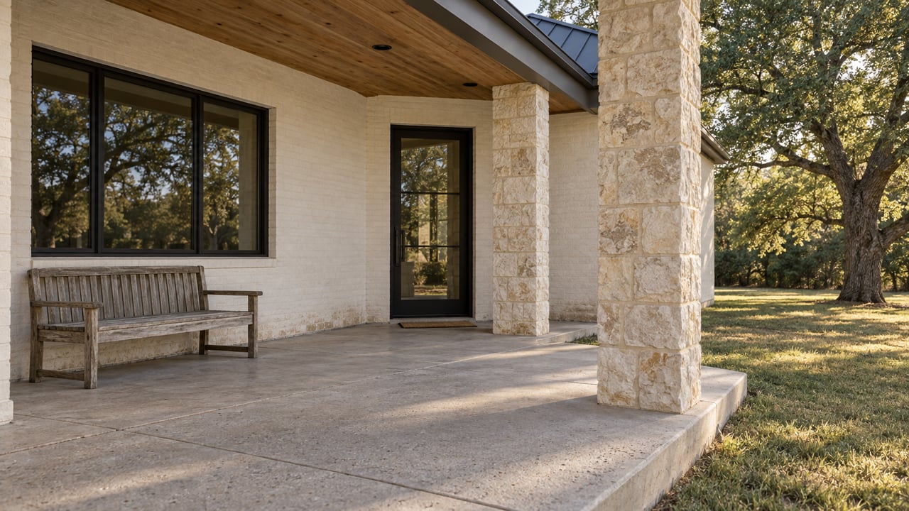 A limestone-columned porch with timber soffit, black-framed entry, oak bench and a mature live oak beside an autumn lawn.