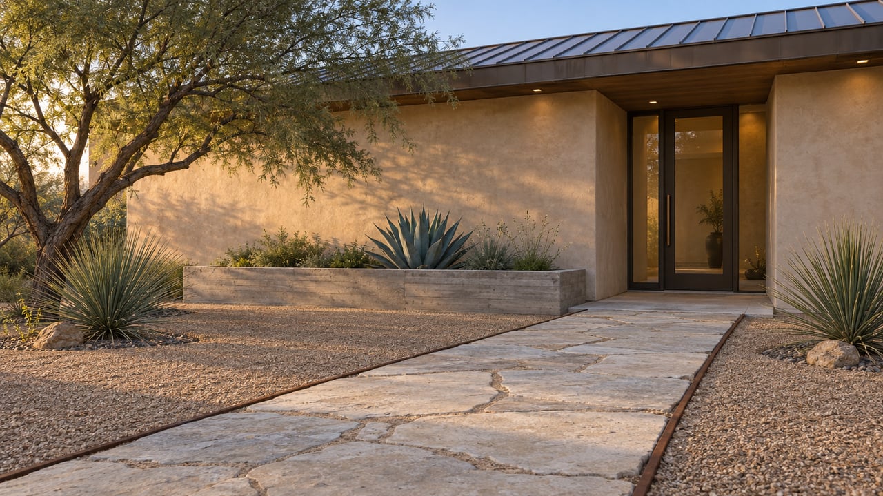 Sand-colored stucco home with a recessed bronze-framed glass door, limestone path, and broad-crowned desert tree.