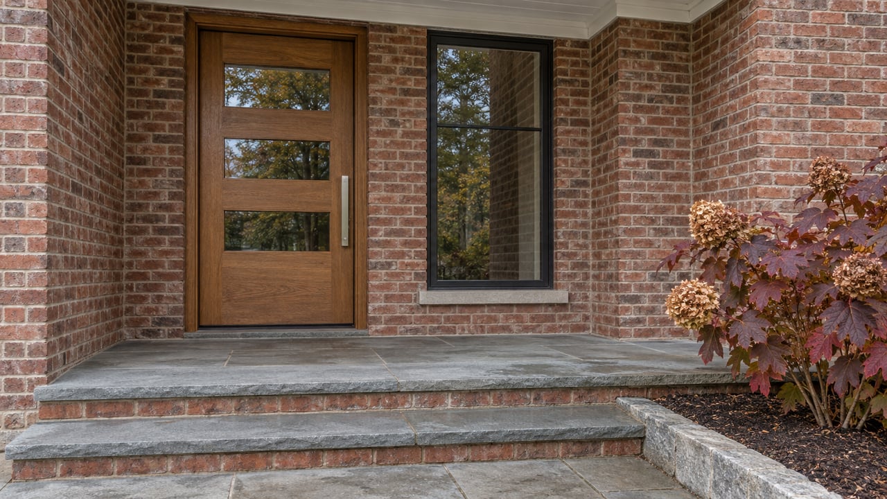 An oak front door and black-framed window in a sheltered brick entrance above bluestone steps, beside burgundy oakleaf hydrangea.