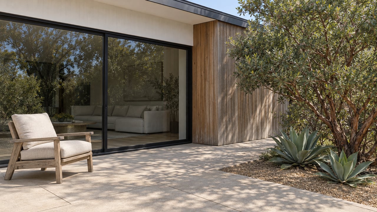 Quiet modern terrace with cedar cladding, closed black-framed glass doors, a teak lounge chair and sculptural drought-tolerant planting.
