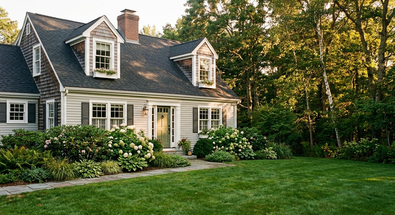 Warm-white clapboard house with a navy glass-paneled door, bluestone walk, broad lawn, and wooded side yard.