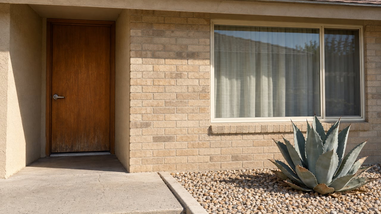 Sunlit sand-colored brick home with a recessed wooden entry, cream-framed window and a blue-gray agave beside a concrete landing.