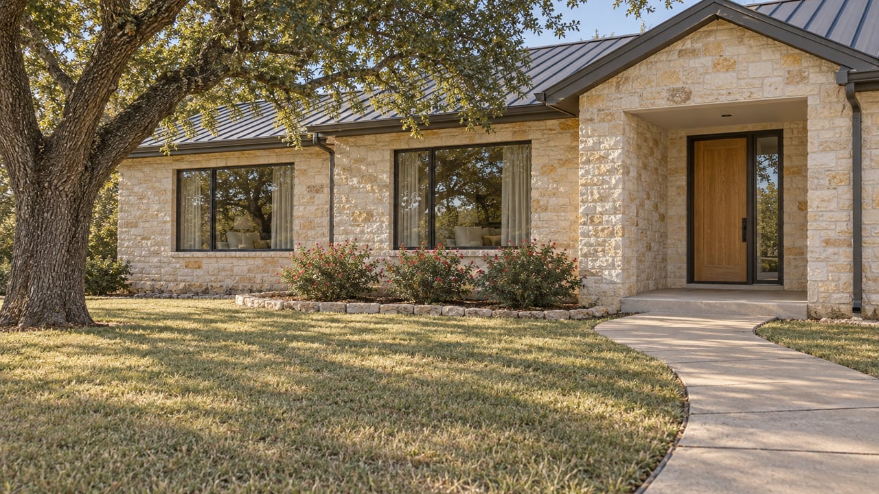 Limestone home with a charcoal pitched roof, broad front lawn and mature spreading oak in morning light.