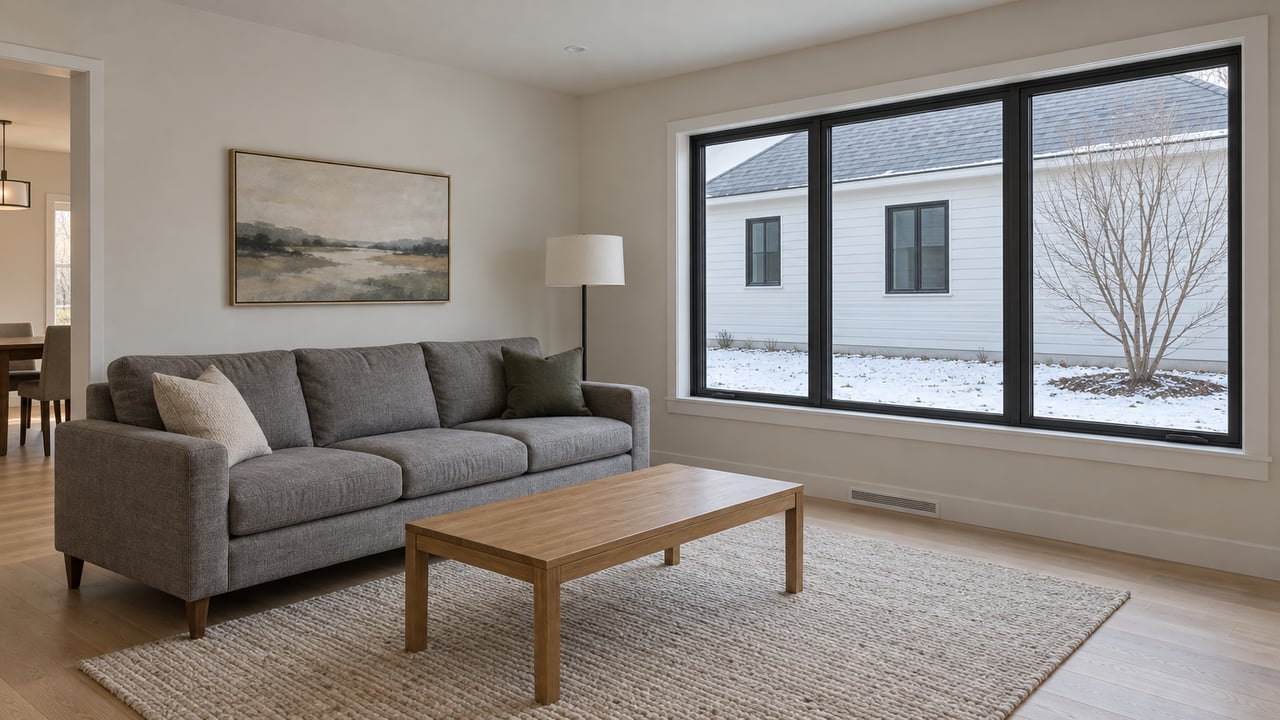 Bright living room with a gray sofa, oak coffee table and black-framed window overlooking a snowy side yard and a white-sided neighboring home.