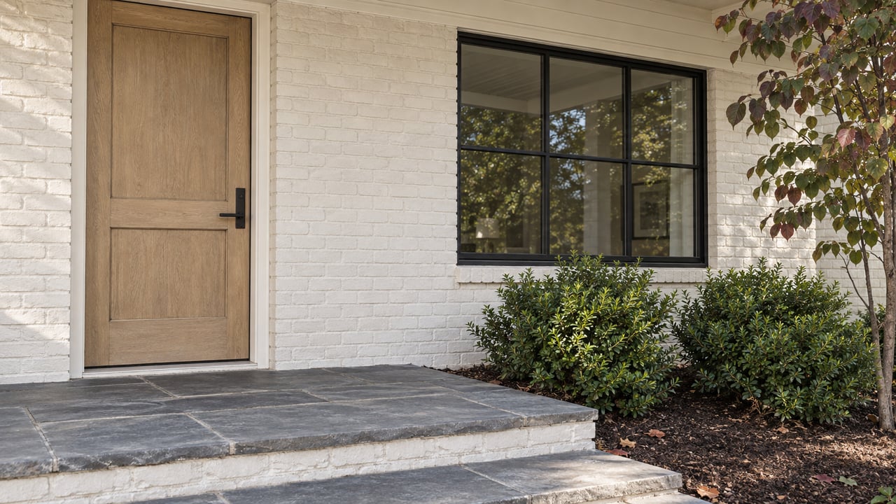 Warm-white brick entry with an oak door, divided-lite window, bluestone step, and redbud leaves.