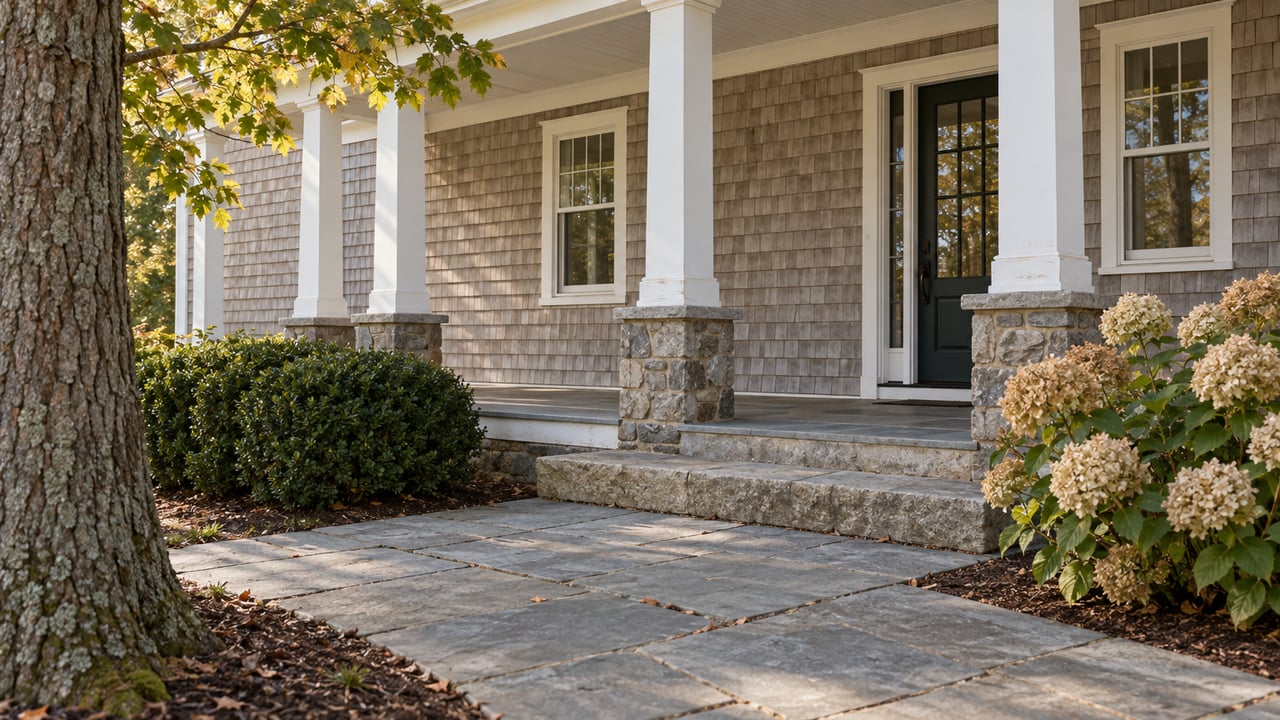 Shingle-sided house with a white-columned porch, stone steps, bluestone path, and flowering hydrangeas.