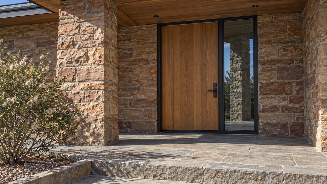 Sunlit sandstone and cedar frame a closed oak entry door beside a black-framed sidelight and stone landing.